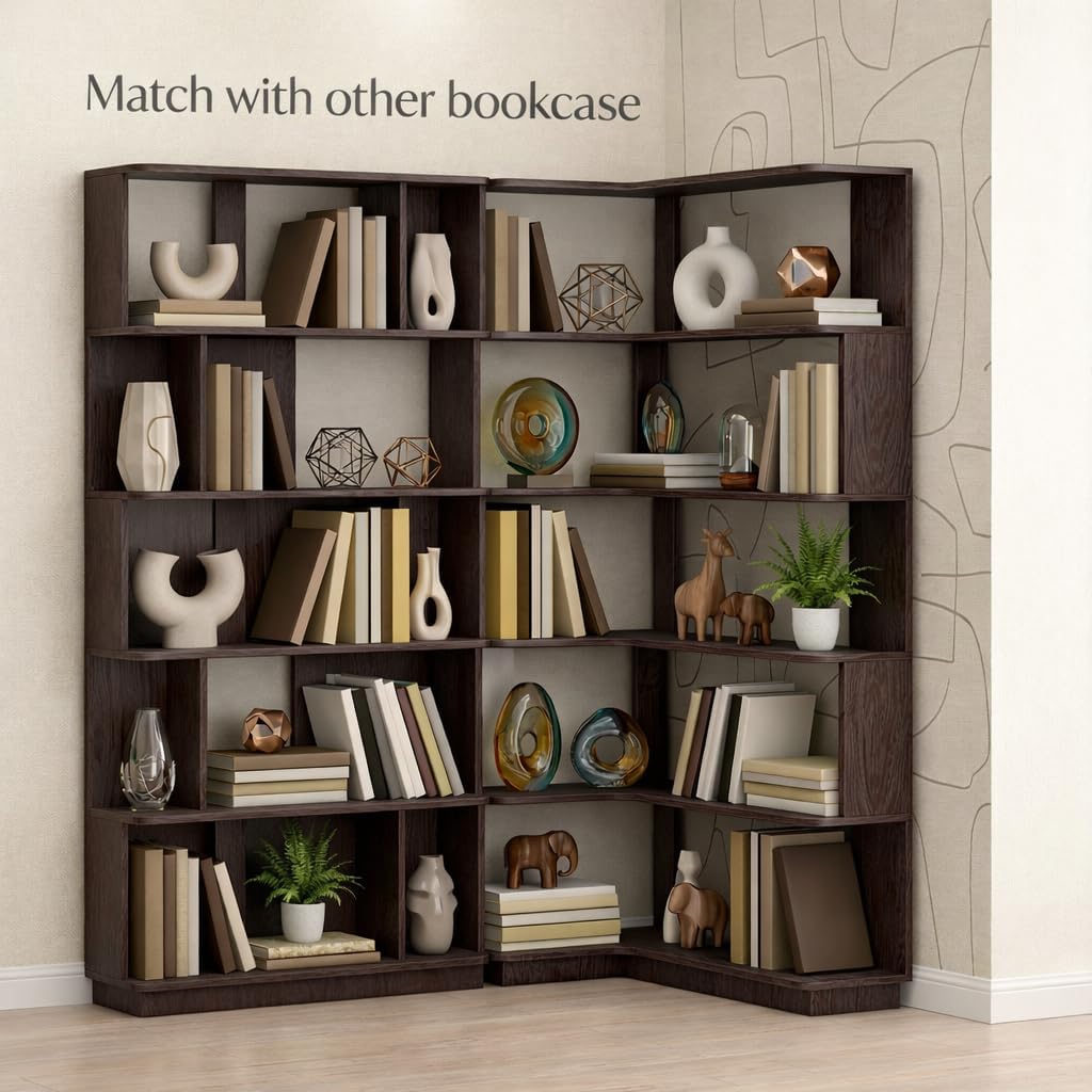 5 Tier Corner Bookshelf, Freestanding L-Shaped Wooden Bookcase with Open Shelves, Anti-Fall Panels and Anti-Tipping Device for Living Room, Home Office (Ox Blood Red with Right Extension)