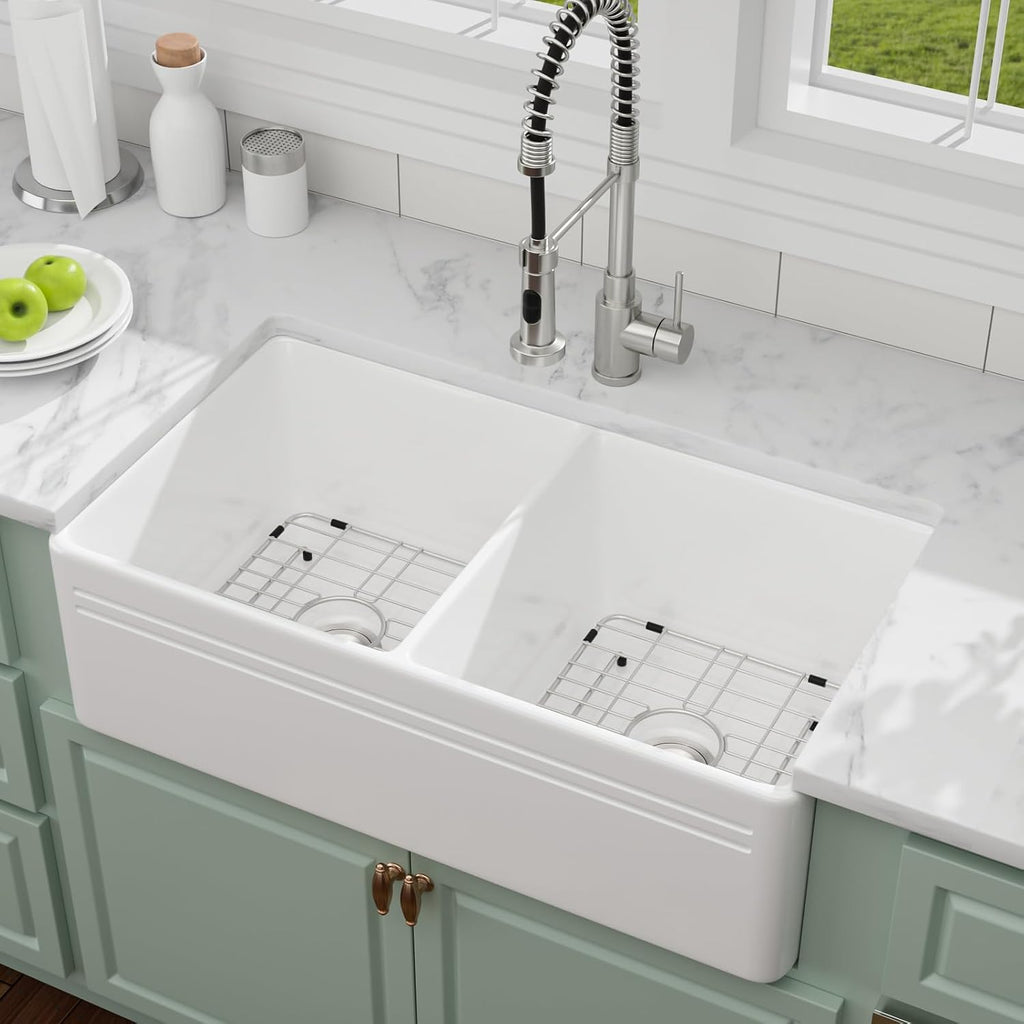 33 Inch White Fireclay Farmhouse Sink 50/50 Double Bowl Apron Front Ceramic Kitchen Sinks Extra Large Country Barn Style Farmer Sink Basin, 33'X18'X10' #YSAC0201