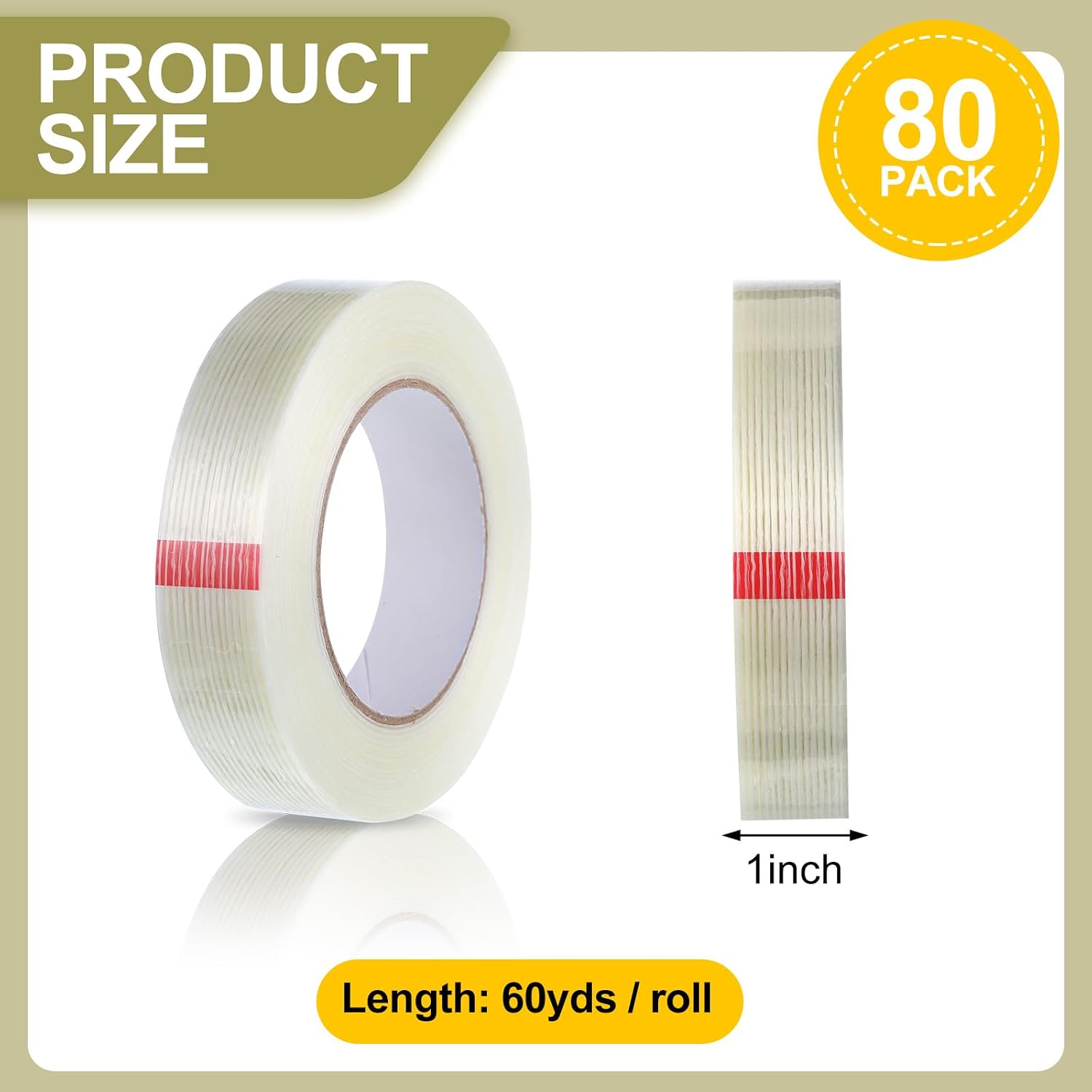 Treela 80 Rolls 1 Inch x 60 Yards Filament Strapping Tape Transparent Reinforced Fiberglass 5.5 Mil Heavy Duty Packing Shipping Tape for Sealing Binding Fixing