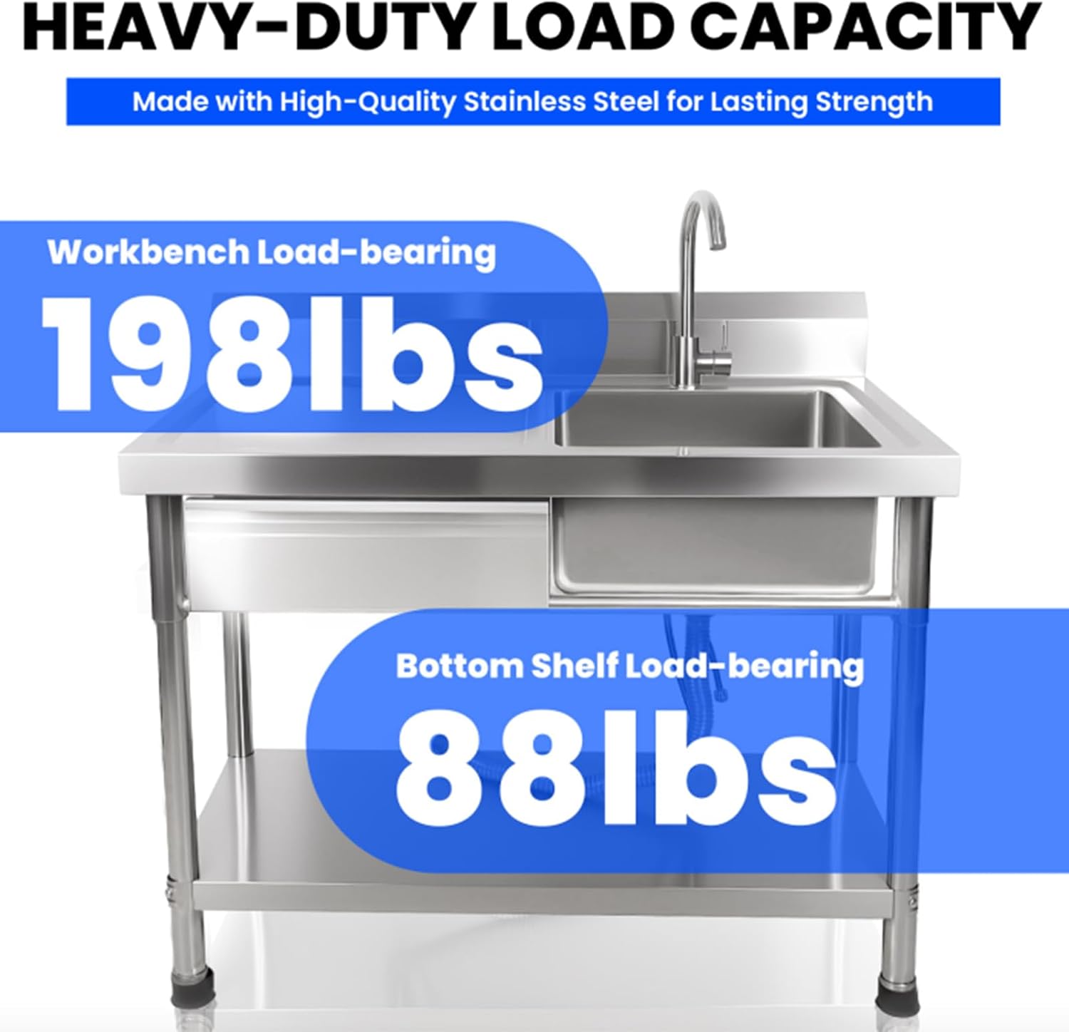 Stainless Steel Utility Sink, NFS-Commercial Sink, 39' Free Standing Single Bowl Sink with Drawer & Hot/Cold Water Pipe, Workbench for Laundry & Outdoor