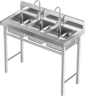 3 Compartment Sink, Commercial Restaurant Kitchen Triple Bowl Sink Set, Commercial Sinks with 2 Faucet & Cold and Hot Water Pipe, for Kitchen Bar Restaurant, 39''L*18''W*35.8''H