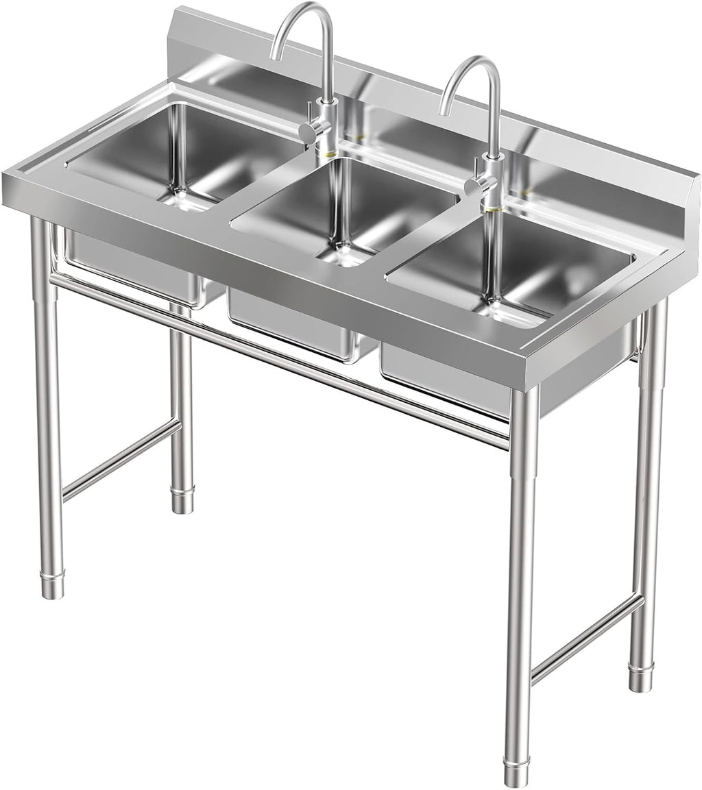 Free Standing Three Bowl Kitchen Sink Set, 3 Compartment Commercial Kitchen Sink Stainless Steel Restaurant/Garage Prep & Utility Sink 39' W x 17.7' D x 37.4' H