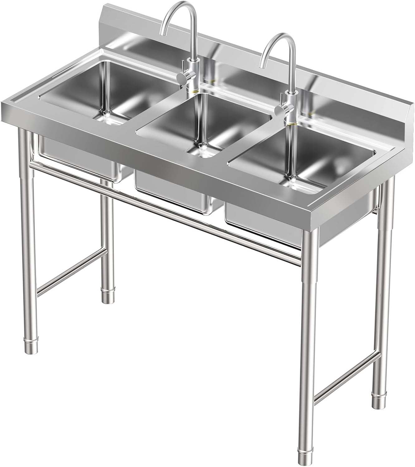 3 Compartment Sink, Commercial Stainless Steel Utility Sink with 2 Faucets, Freestanding Triple Bowl Kitchen Sink Station for Restaurant, Garage, 39' L x 18' W x 35.8' H