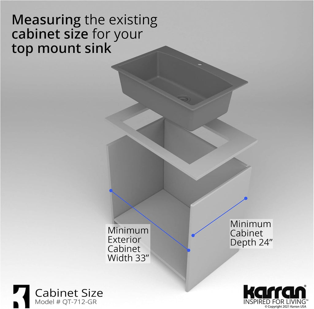 Karran QT-712 33 Inch Drop-In Quartz Composite Single Bowl Kitchen Sink, Top Mount, 1-Hole, Heat & Scratch Resistant, Easy Clean, Grey