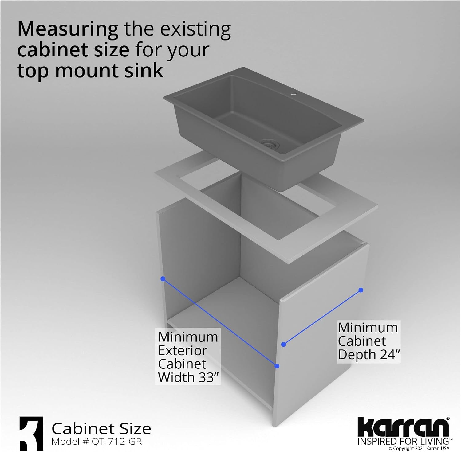 Karran QT-712 33 Inch Drop-In Quartz Composite Single Bowl Kitchen Sink, Top Mount, 1-Hole, Heat & Scratch Resistant, Easy Clean, Grey