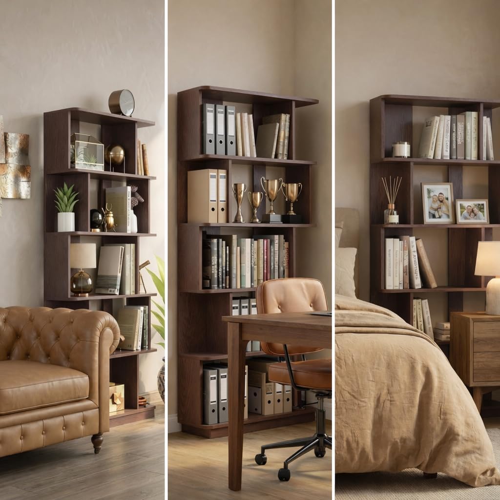 5-Tier Tall Bookshelf, Narrow Wood Bookcase, Dark Brown | 64.56' freestanding open display shelf for books, décor, and storage in living rooms, bedrooms, or home offices