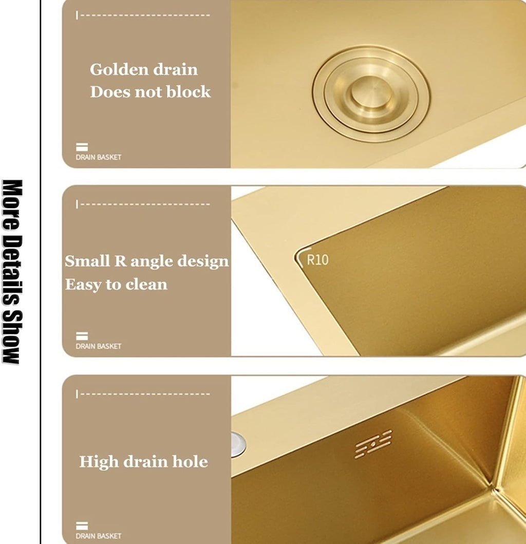 Kitchen Sink Large Gold Double Bowl Bar Sink Household 304 Stainless Steel Handmade RV Sink with Drain Assembly Drop in Or Undermount (Color : Gold, Size : 82x45x22cm) (Gold 82x45x22cm)