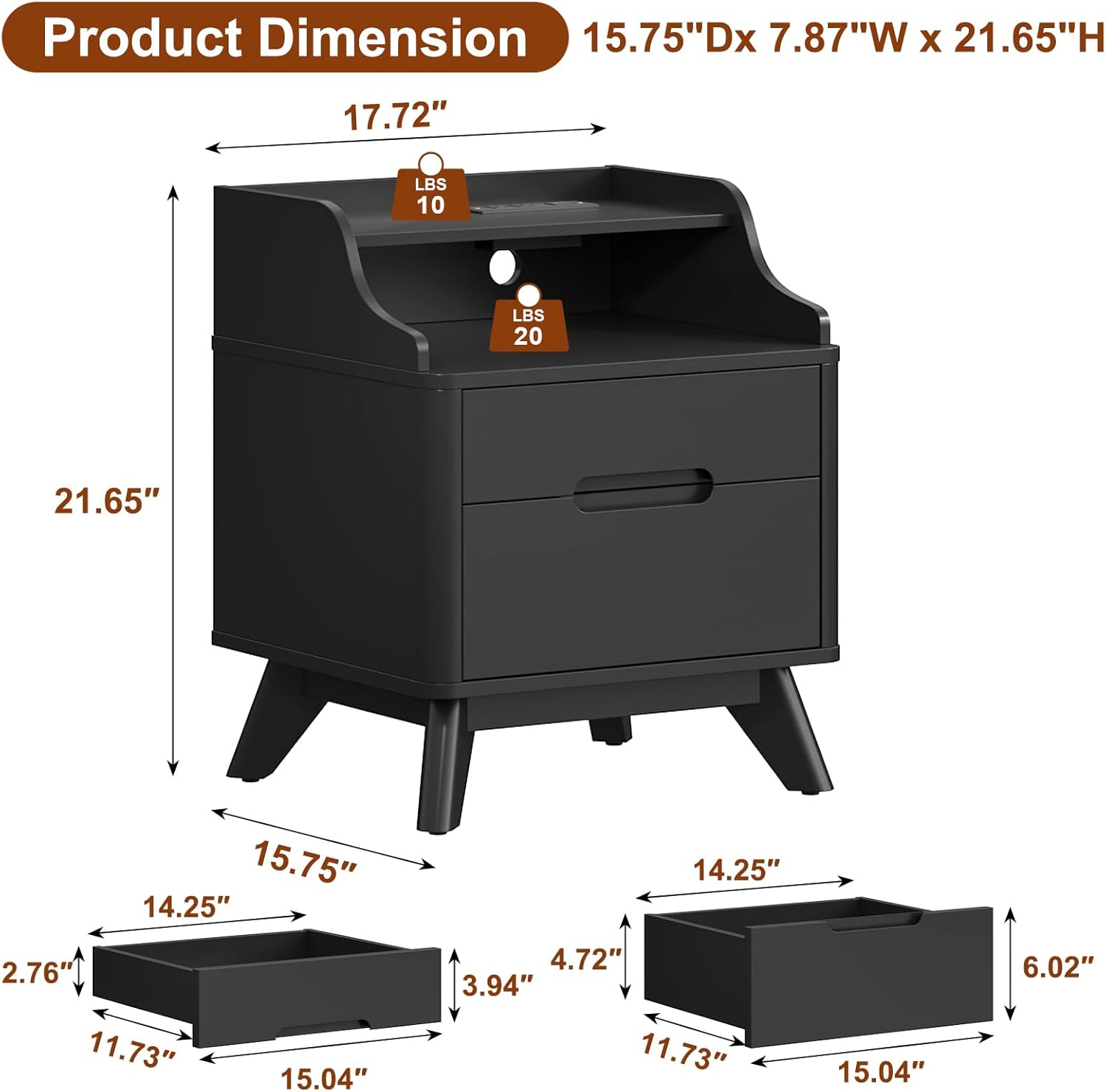 Nightstand with Charging Station, 21' Tall Nightstand w/2 Storage Drawers, Wood Night Stand with Hidden Handle, 17'' Wide Modern Bedside Table for Bedroom Dorm Home Office (Black)