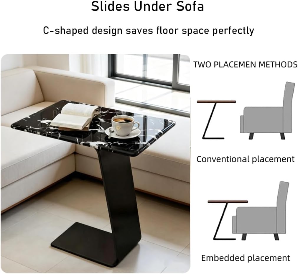 25.5-Inch High C-Shaped End Table with Marble Top & Black Metal Frame, Modern Space-Saving Sofa Side Table for Living Room, Bedroom, Small Spaces(D)