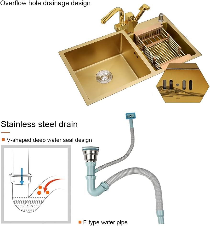 KITCHEN SINK Brushed Gold Double Bowls with Multi-functional Pull-Out Faucet and Drain Pipe Suitable for Kitchen Courtyard Office Bar Laundry Trough (Color : Gold, Size : 82×45×22cm) (Gold 82×45×2