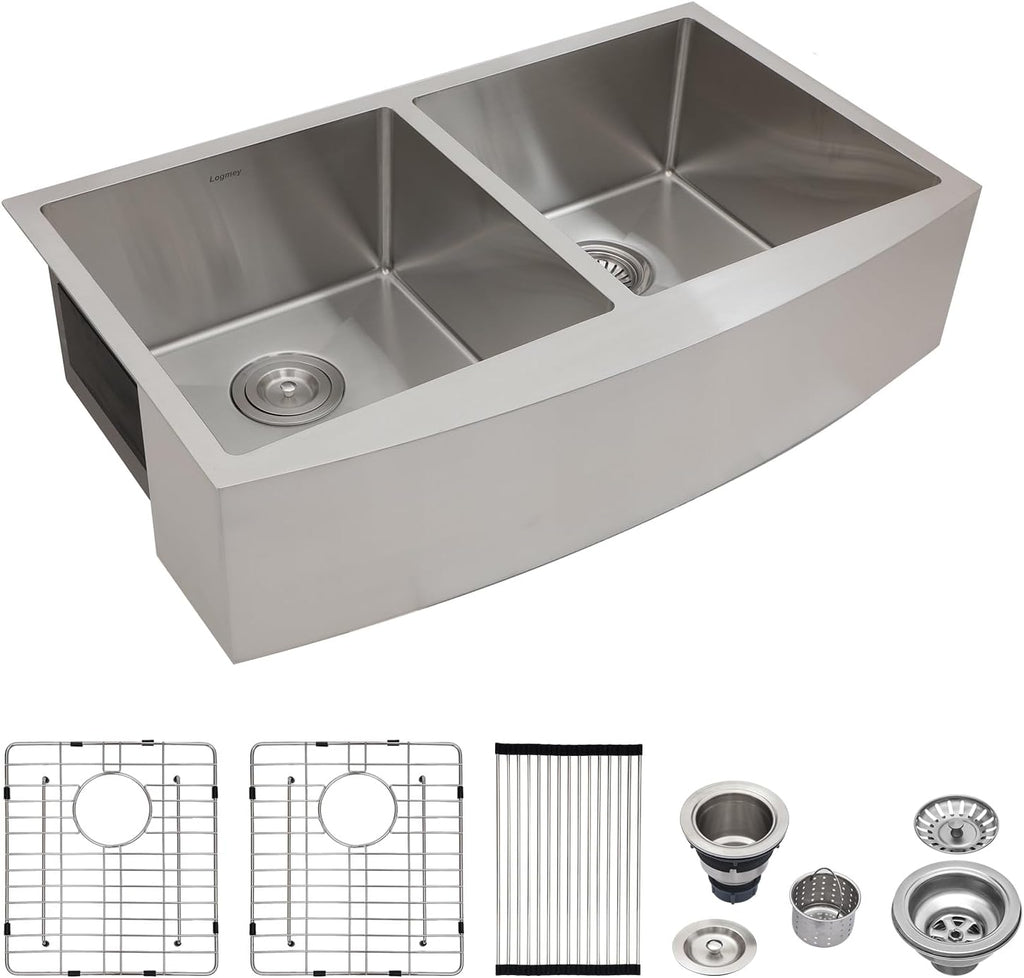 Logmey 33 inch Double Bowl Farmhouse Sink - 33x20 16 Gauge Stainless Steel Farm Sink Apron Front 50/50 Farm Kitchen Sinks