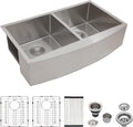 Logmey 33 inch Double Bowl Farmhouse Sink - 33x20 16 Gauge Stainless Steel Farm Sink Apron Front 50/50 Farm Kitchen Sinks