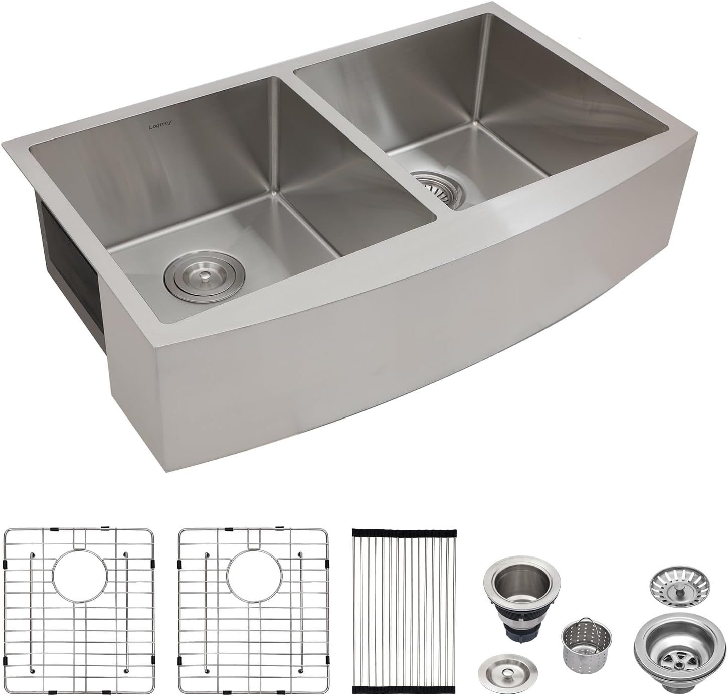 Logmey 33 Inch Farmhouse Sink 60/40 Double Bowl Kitchen Sink Apon Front Sink 16 Gauge 304 Stainless Steel Farm Sinks 33x20x9