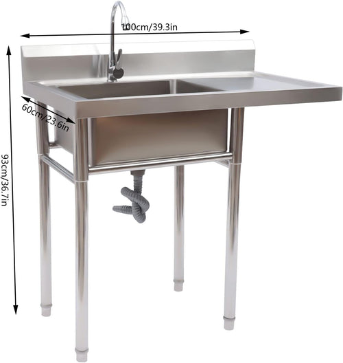 1 Compartment Commercial Sink, Stainless Steel Sink With Faucet&Drain Strainer Indoor Free Standing Sink for Kitchen, Garage, and Restaurant Washing Hand Table