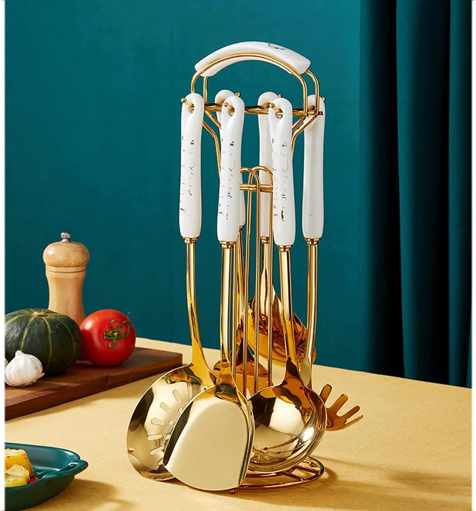 Kitchen Utensils Set with Holder Stainless Steel Cooking Utensil Set Ceramic Handle Farmhouse Style Cooking Tool Kitchen Gadget for Cookware，A