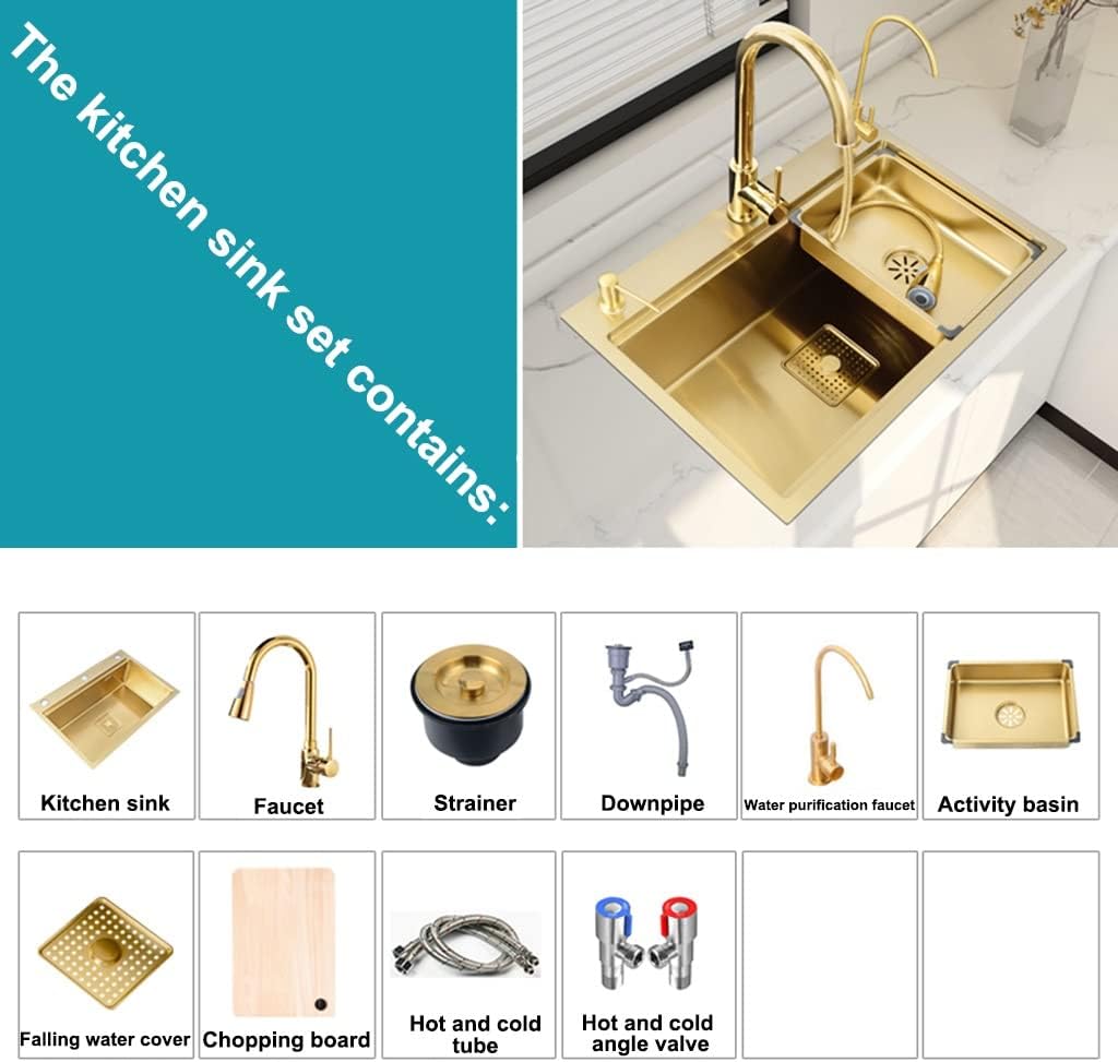 Kitchen Sink Stainless Steel Metal Dishwashing Pool Gold Single Bowl Bar Prep with Pull Out Faucet & Movable Basin Drain Component (Color : Gold, Size : 75x46x22cm) (Gold 75x46x22cm)