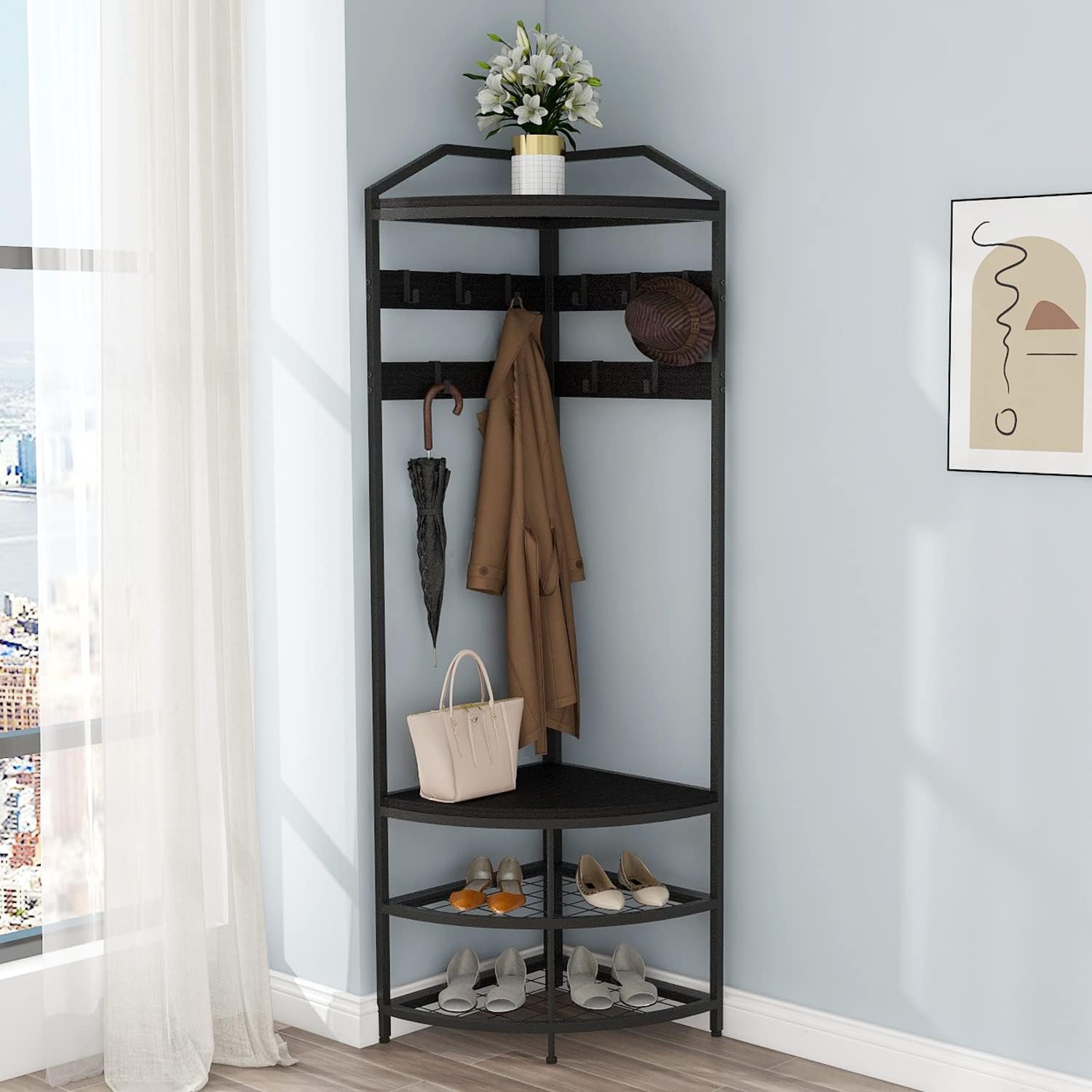 GiftGo Corner Hall Tree with Shoe Bench Entryway Coat Rack with 10 Metal Movable Hooks Freestanding Clothes Rack Shoes Shelf Organizer for Home Office Bedroom (Black)