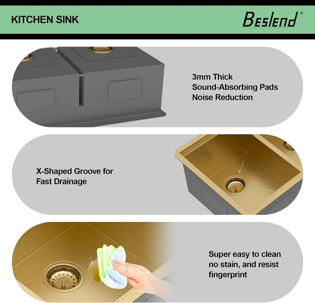 30 Inch Gold Undermount Kitchen Sink, 30x19 50/50 Double Bowl Workstation Sink, 16 Gauge T304 Heavy Duty Stainless Steel Low Divide Golden Kitchen Sink with Gold Accessories