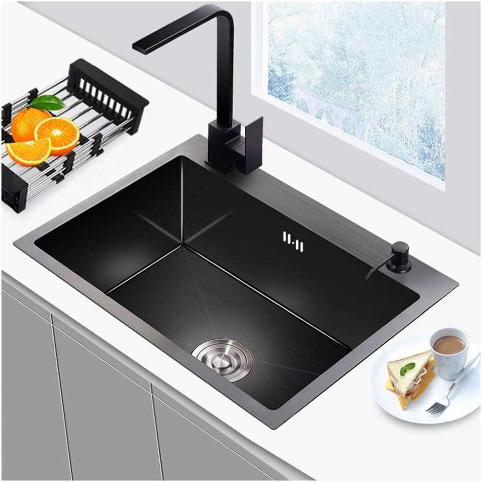 Single Bowl Bar Counter Preparation Kitchen Sink Stainless Steel Metal Sink with Square Faucet and Drain Assembly Top Mount Or Undermount (Black 55x40x21cm)