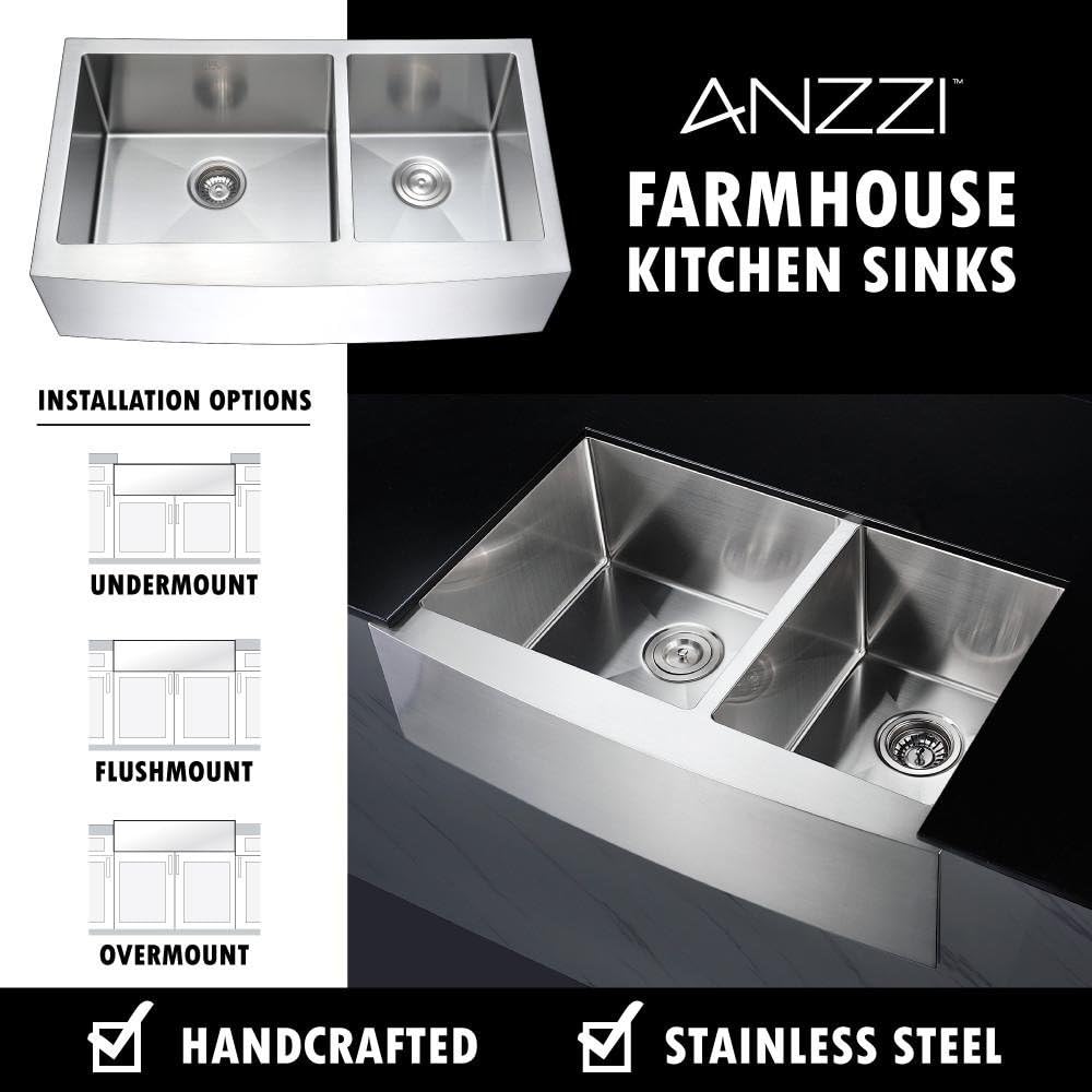 ANZZI Elysian 33' Farmhouse Stainless Steel 60/40 Double Bowl Kitchen Sink in Brushed Satin with Strainer, 18 Gauge Large Dual Deep Soak Basin Commercial Utility Prep Work Station, K-AZ3320-4A