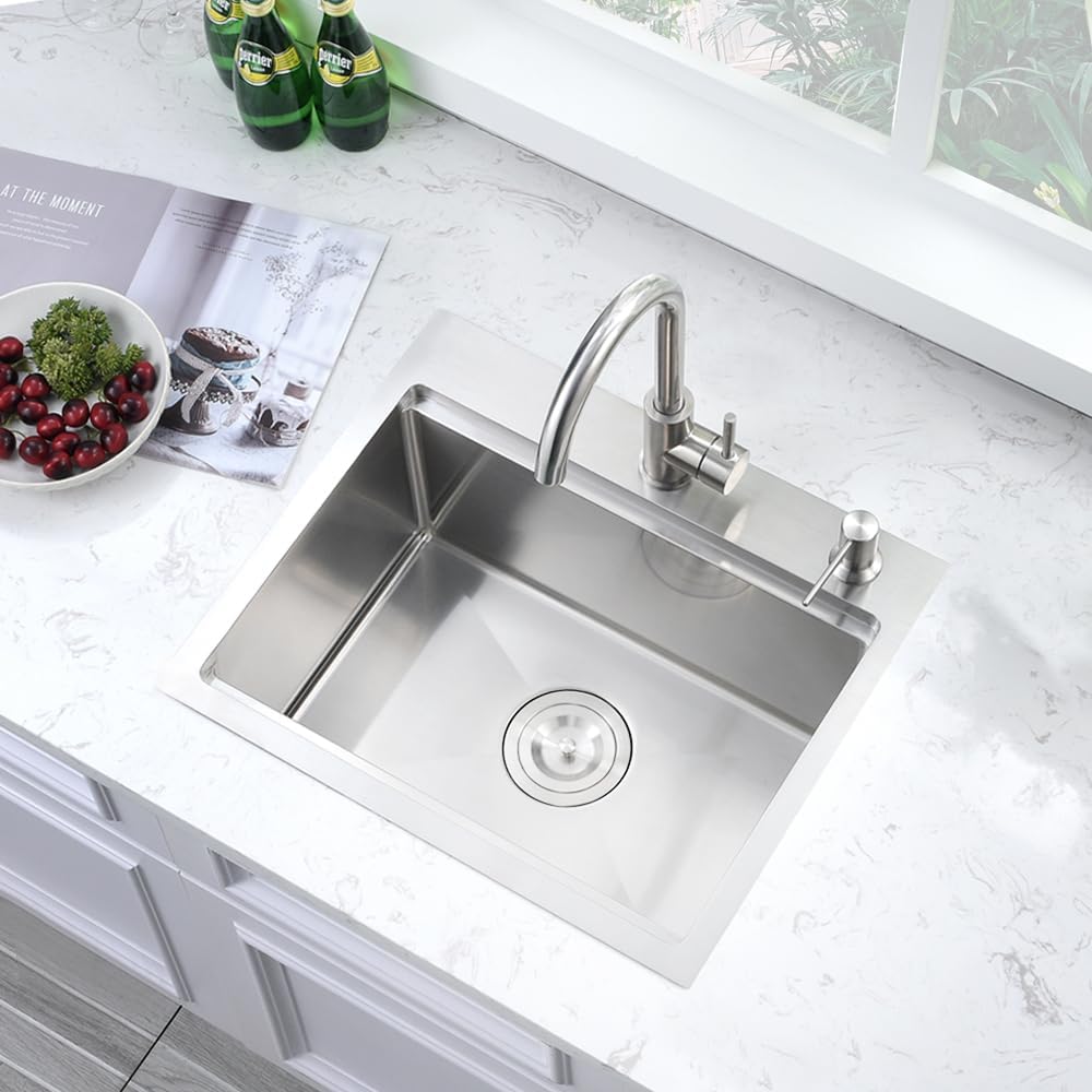 20 Inch Drop in Kitchen Sink, Single Bowl 16 Gauge Stainless Steel Topmount Small Kitchen Bar Sink Outdoor RV Workstation Basin (20'x17'x10')