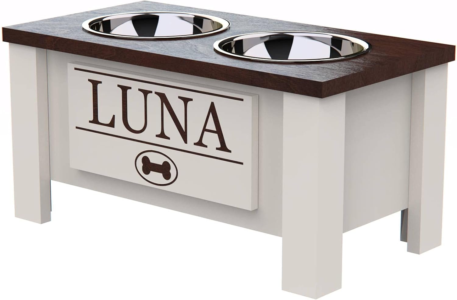 GTW Personalized Elevated Dog Bowl Stand for Large, Medium, Small, X-Small Dogs - Stainless Steel Food and Water Bowls - Raised Dog Dish with Internal Storage (Medium, Dark Walnut)