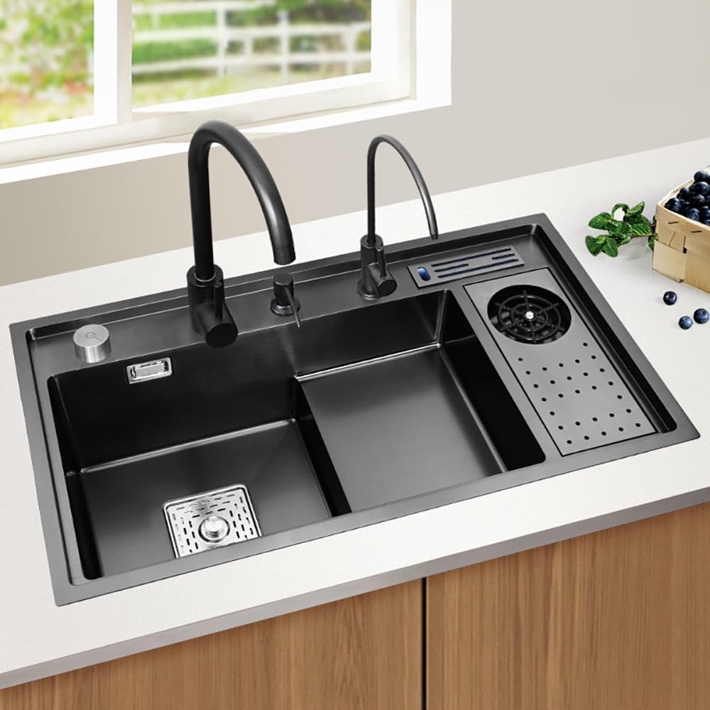 KunMai Drop-in Kitchen Sink Black Kitchen Sink Workstation with High-pressure Cup Washer Stainless Steel Sink