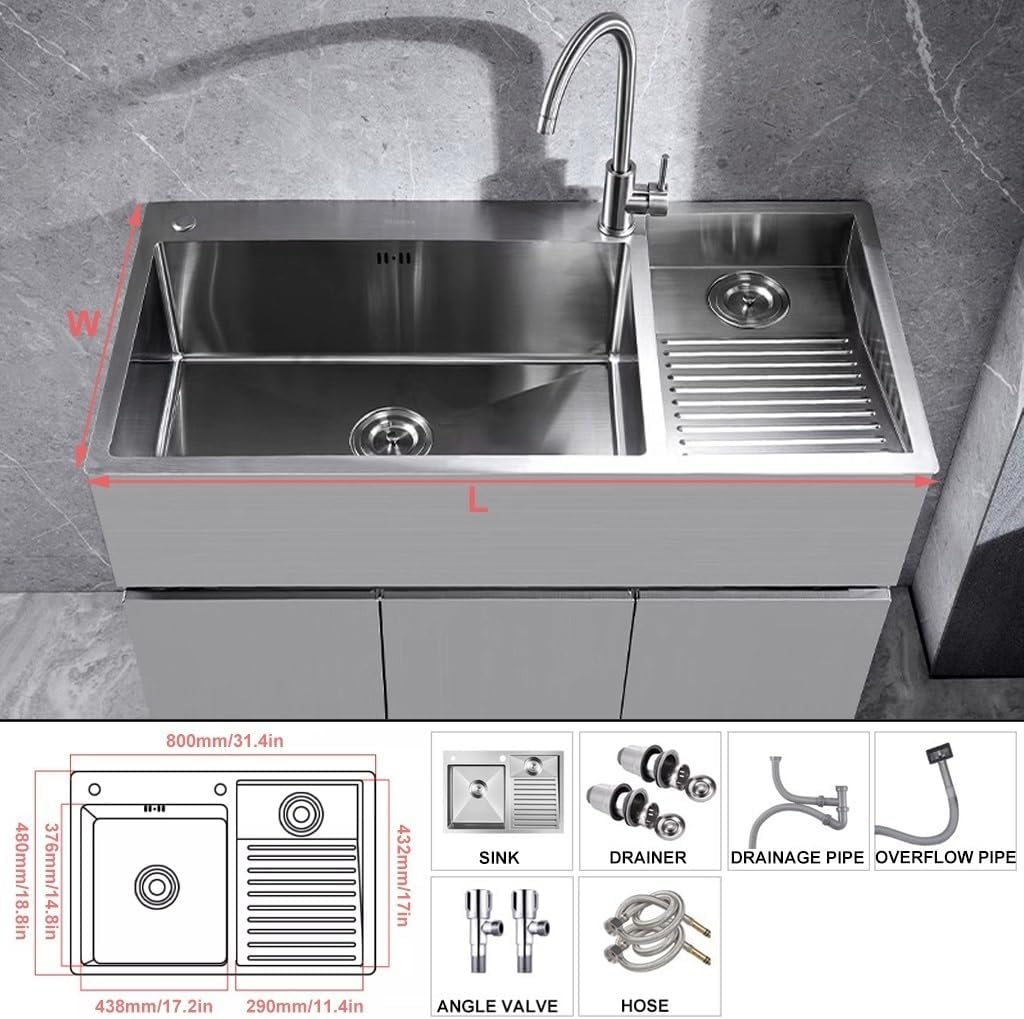 Double Bowl Kitchen Sink Bathro Sinks with Washboard Large 304 Stainless Steel Laundry Sink Multifunctional Bar Kitchen Sink with Drainage Cponent (Color : Silver-b, Size : 60x48x21cm)