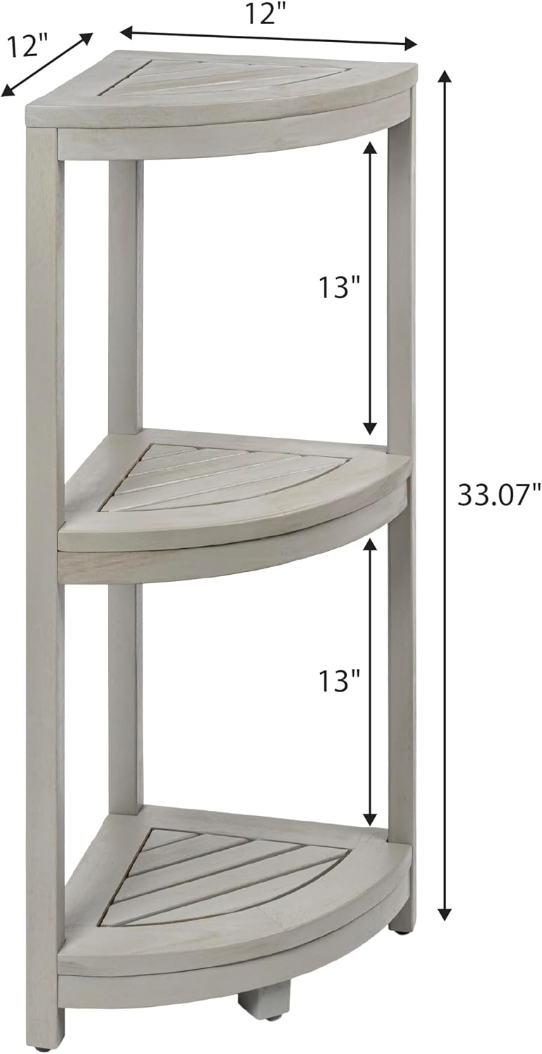 happimess SHF1000G Sela 33' Classic Minimalist 3-Tier Acacia Wood Freestanding Bathroom Corner Shelf, Shower Organizer, Storage Rack for Bath, Office, Kitchen Desktop, Gray