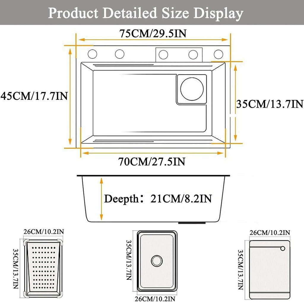 Waterfall Kitchen Sink Workstation Nanometer Waterfall Topmount Sink Stainless Steel Bar Sink Multifunction Single Bowl Kitchen Sink with Faucet Combo & Dra(Gold-75x45x22cm