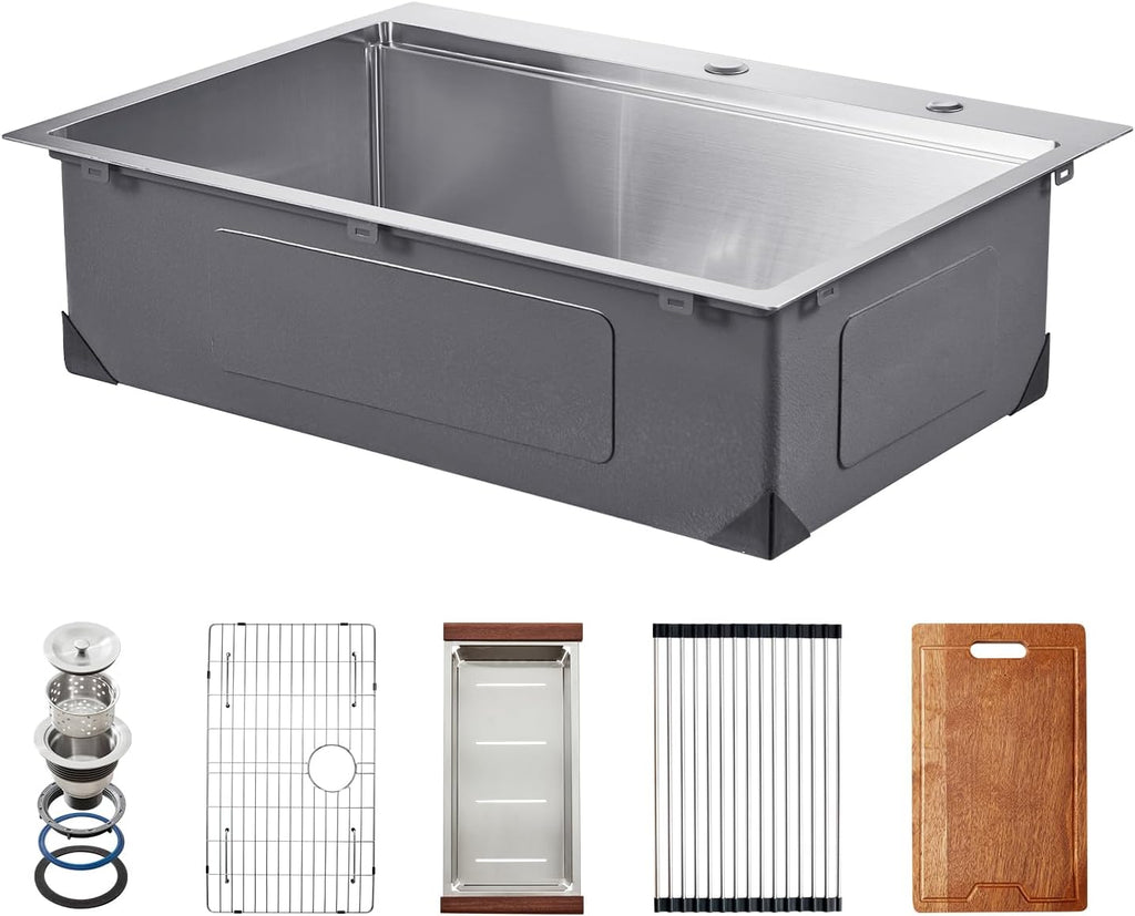 VEVOR Drop In Kitchen Sink 30 Inch Kitchen Sink Workstation, 304 Stainless Steel Top Mount Sinks, Drop-In Single Bowl with Ledge & Multiple Accessories Sink for RV, Prep Kitchen, Bar 30 x 22 x 9inch
