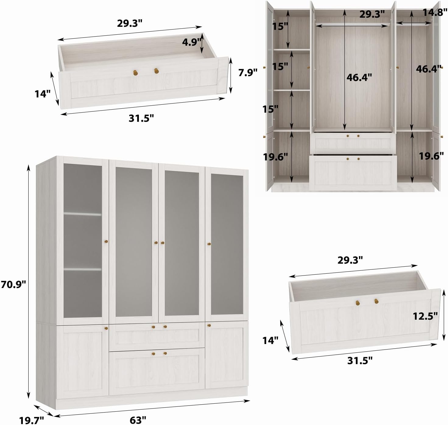 MOUMON Bedroom Armoires with Frosted Glass Doors and Hanging Rod, Wide Modern Wardrobe with Drawers, Large Armoire Wardrobe Closet, Wood Grain 63' W x 19.7' D x 70.9' H