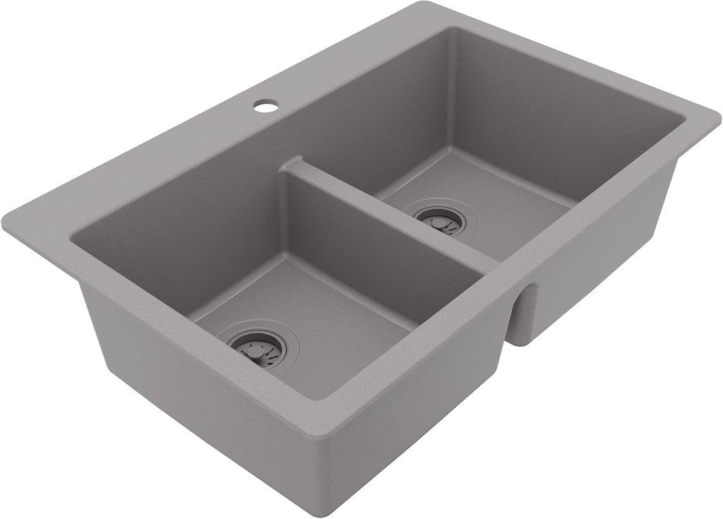 Karran 33' Grey Quartz Composite Double Bowl Kitchen Sink – Top Mount Drop-In 50/50 Low Divider, 80% Natural Quartz, 535°F Heat Resistant, Sound Dampening, Granite Composite, QT-810