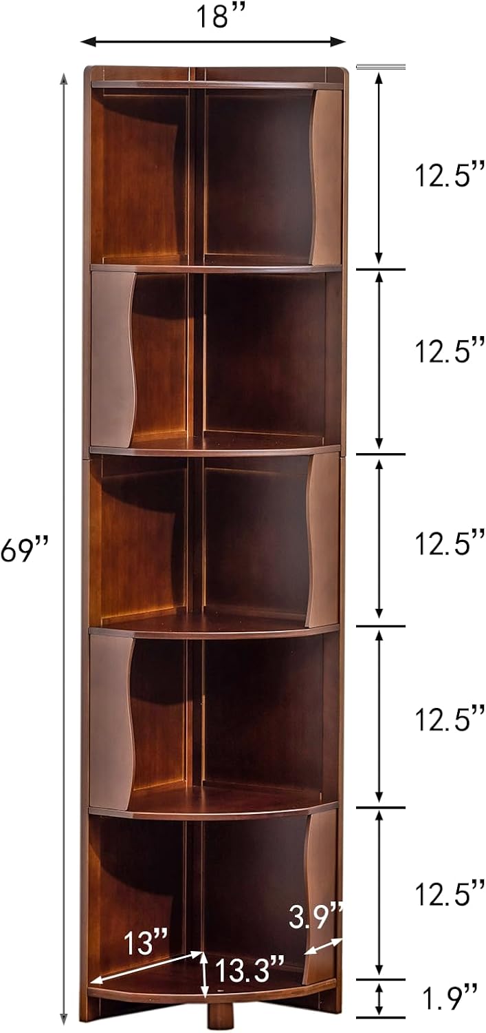 5-Tier Bamboo Corner Shelf Freestanding Fan-Shaped Storage Rack, Space-Saving Corner Cabinet for Living Room or Bedroom, Easy to Assemble, Dark Walnut