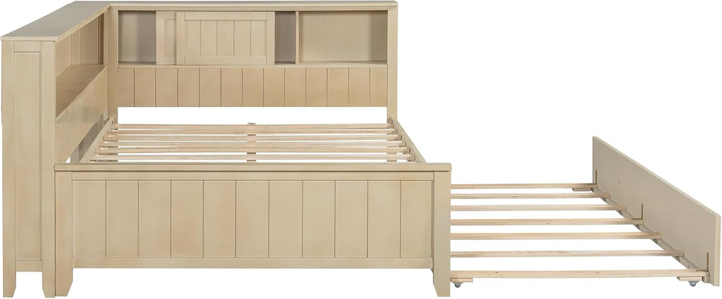 Merax Full Size Daybed with Storage Shelves and Trundle, Wood Slat Support, No Box Spring Needed, Antique White