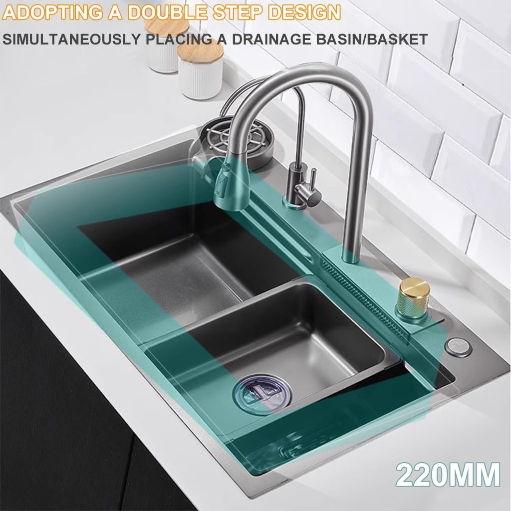 Stainless Steel Waterfall Sink Multifunctional Single Bowl Kitchen Sink -Coated Workstation Sink with Pull-Out Faucet,Knob,Drain Basket,Cup Washer (Color : Black-Grey, Size : 68x45x22cm)