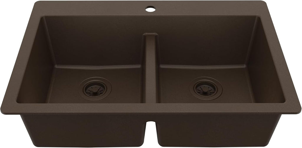 Karran 33' Brown Quartz Composite Double Bowl Kitchen Sink – Top Mount Drop-In 50/50 Low Divider, 80% Natural Quartz, 535°F Heat Resistant, Sound Dampening, Granite Composite, QT-810