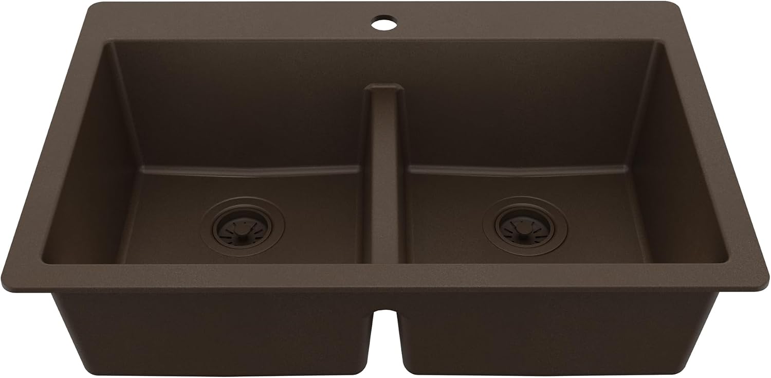 Karran 33' Brown Quartz Composite Double Bowl Kitchen Sink – Top Mount Drop-In 50/50 Low Divider, 80% Natural Quartz, 535°F Heat Resistant, Sound Dampening, Granite Composite, QT-810