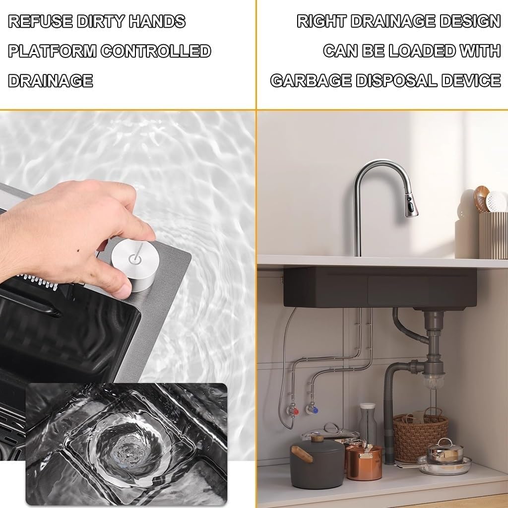 Stainless Steel Waterfall Sink Single Bowl Bar Sink Kitchen Sink Set Nano-Coated Workstation Sink with Pull-Out Faucet Pressurized Cup Washer (Color : Black, Size : 80x45x22cm) (Black 68x45x22cm)