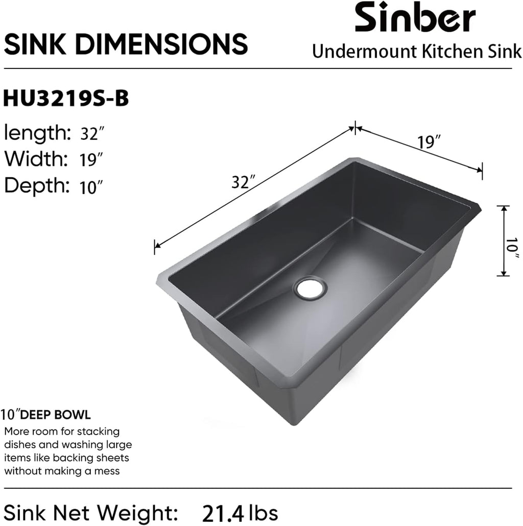 Sinber HU3219S-B 32' x 19' x 10' Undermount Single Bowl Kitchen Sink with 18 Gauge 304 Stainless Steel Black Finish (Sink Only)