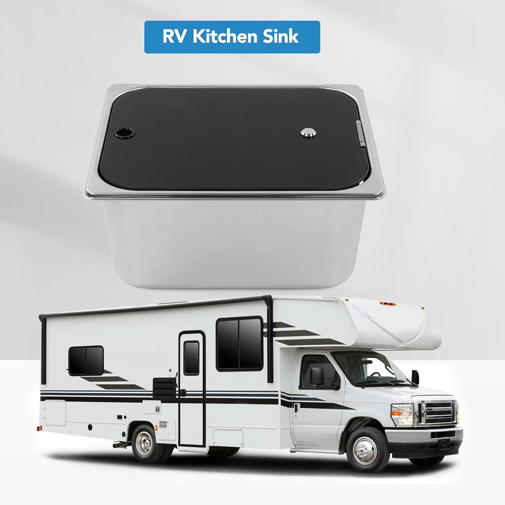 RV Kitchen Sink, Stainless Steel Single Bowl Hand Wash Basin with Tempered Glass Cover, Square Undermount Single Bowl Kitchen Sink for Camper Van Yacht