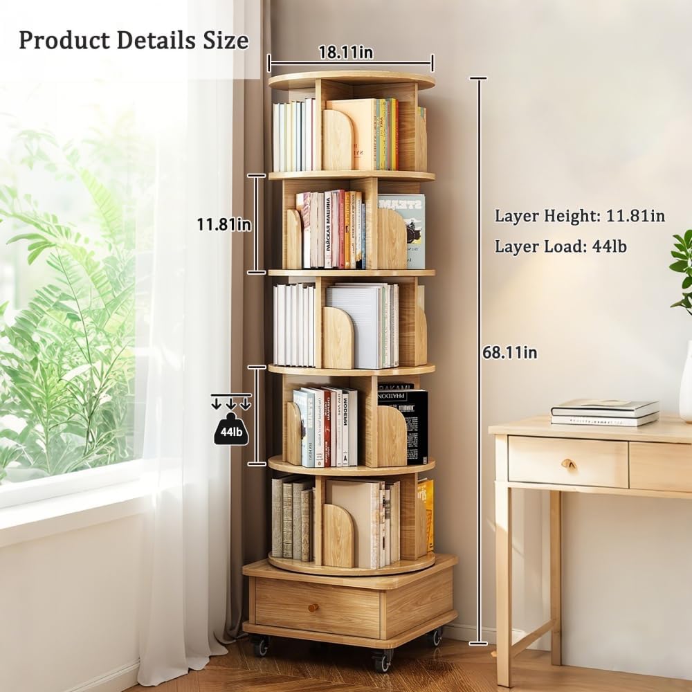 360° 6 Tier Rotating Bookshelf with Drawer and Wheels, Tall Bookcase for Small Spaces, Corner Shelf for Bedroom, Living Room, Office, Wood Bookshelf, Natural