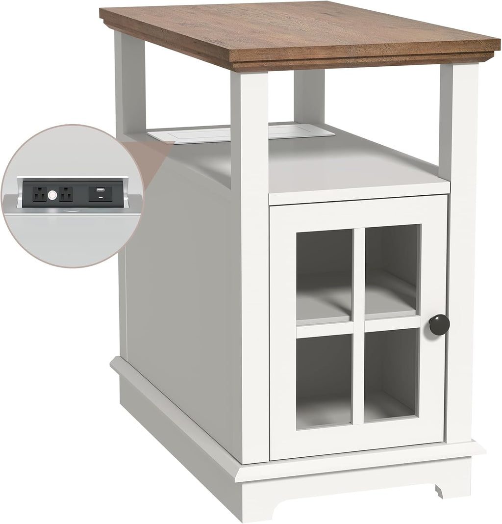 HIFYOBRO Narrow End Table with Flip Top Charging Station, Storage Side Table, Type-C & USB Port & Adjustable Shelf, White Nightstand for Living Room & Bedroom