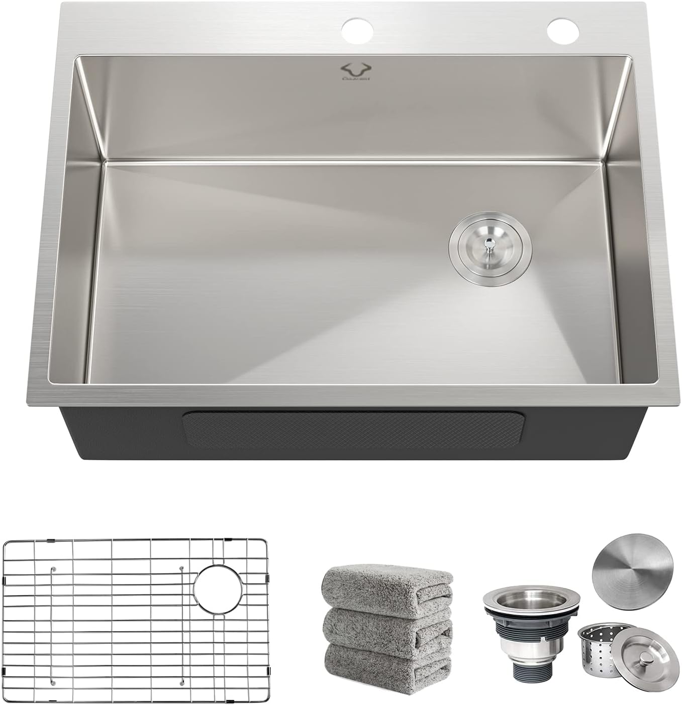 Kitchen Sink 27 x 22 inch Drop-In Top Mount 16 Gauge Tight Radius Single Bowl 2-Hole Stainless Steel Kitchen Sink and Accessories (Pack of 4)
