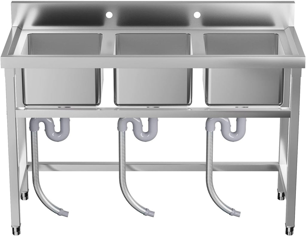Stainless Steel Sinks, Freestanding Utility Sink with Triple Bowl and Laundry Sink Features for Multi-Purpose Use, 47.3'W x 18.5'D x 33.6'H