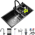 Nano Black Double Bowl Kitchen Sink Multifunctional Stainless Steel Bar Sink Rv Sink with Pull-Out Faucet Drain Basket Soap Dispenser and Drainage Component(Black-72x40x21cm