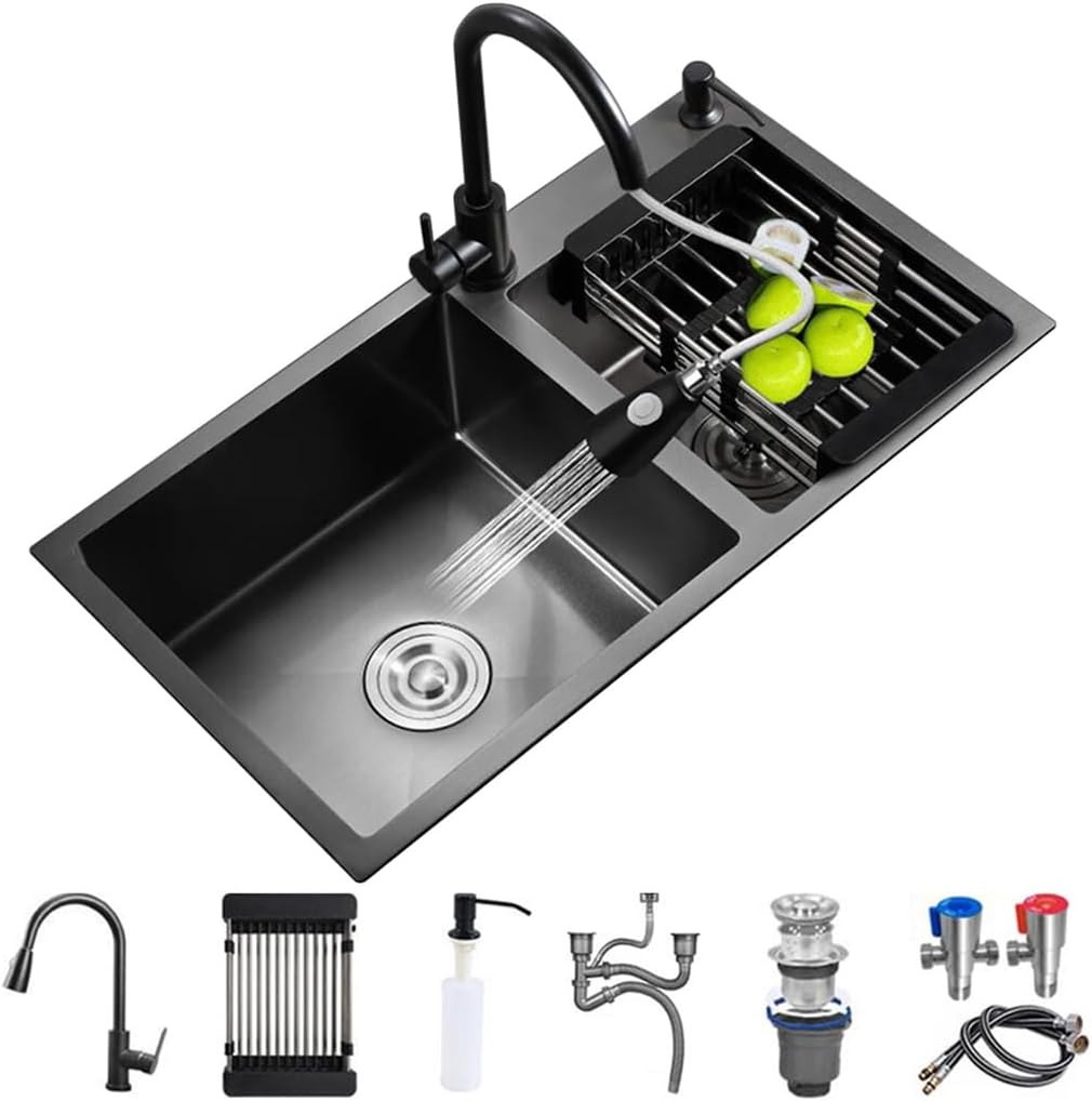 Nano Black Double Bowl Kitchen Sink Multifunctional Stainless Steel Bar Sink Rv Sink with Pull-Out Faucet Drain Basket Soap Dispenser and Drainage Component(Black-72x40x21cm