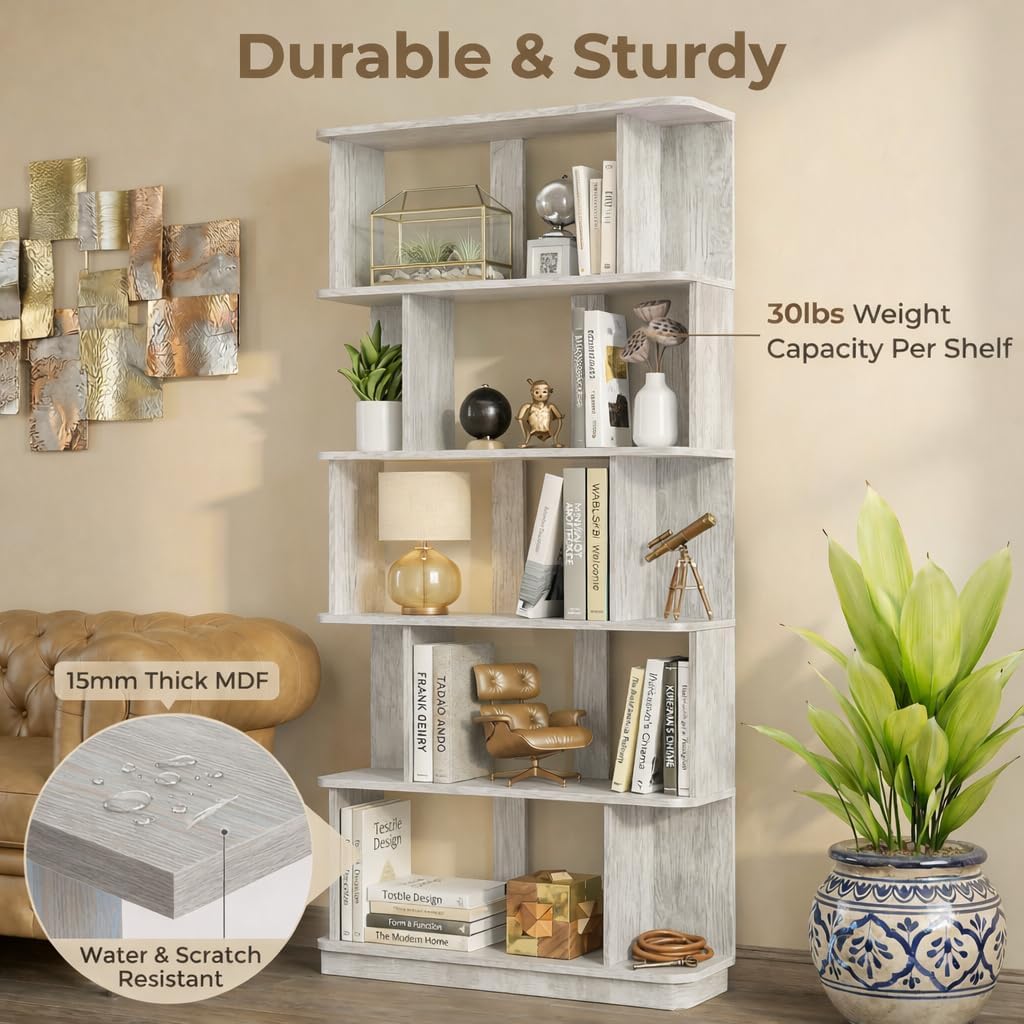 5-Tier Tall Bookshelf, Narrow Wood Bookcase, Light Gray | 64.56' freestanding open display shelf for books, décor, and storage in living rooms, bedrooms, or home offices