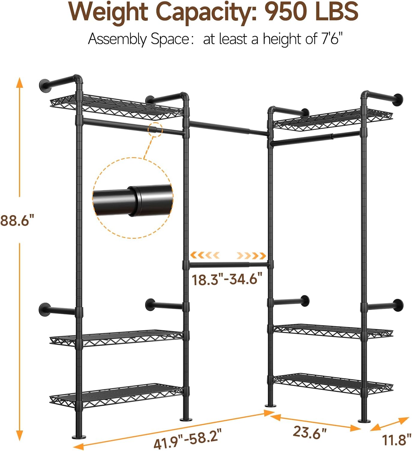 L3 Wall Mounted Industrial Pipe Closet System, Corner Closet Organizers with 4 Telescopic Rods & 6 Shelves, Heavy Duty Clothing Clothes Rack in Wardrobe Closet (Black)