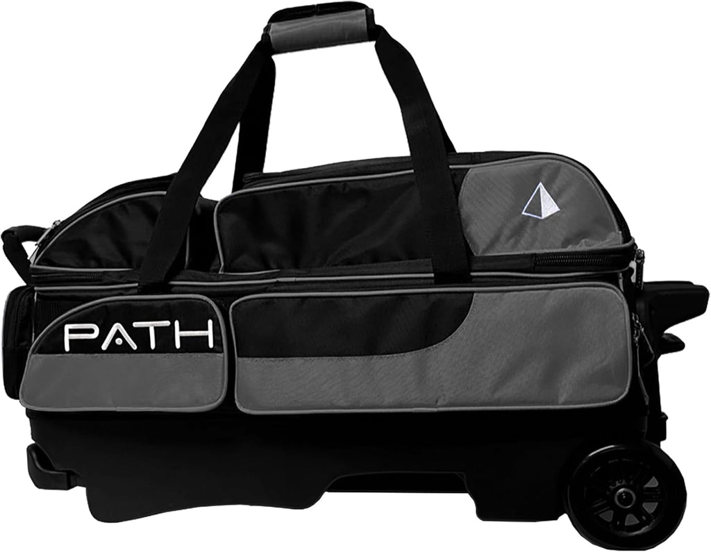 Pyramid Path Triple Premium Deluxe Roller Bowling Bag With Extra Large Separate Shoe Compartment (Up To US Mens Size 16) and 5 Accessory Pockets, 5' Wheels, Retractable Locking Handle - Extends to 42'